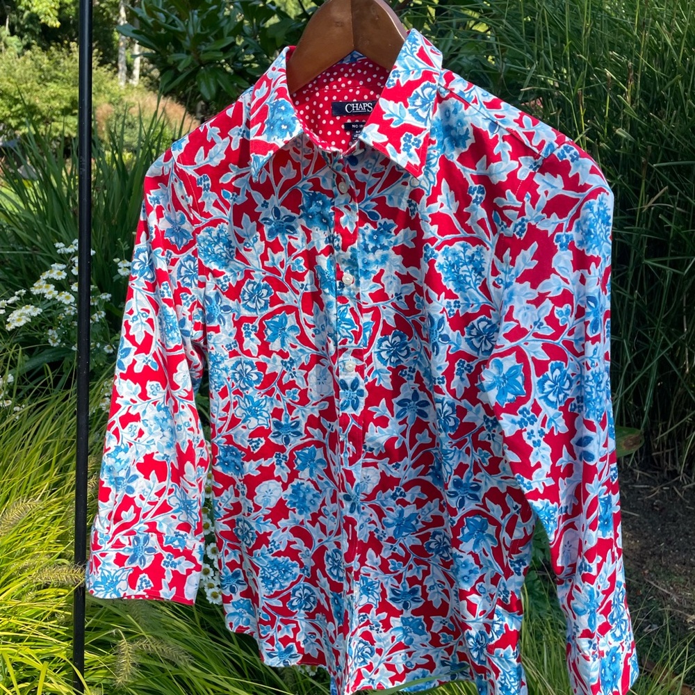 Chaps Red and Blue Floral Button Down Shirt